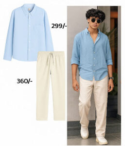 Men’s dating outfit 2025 – blue shirt with cream trouser
