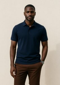 Navy Blue Polo with Dark Brown Chinos