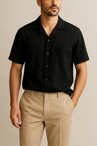 Black Half-Sleeve Cuban Collar Shirt with Beige Shorts